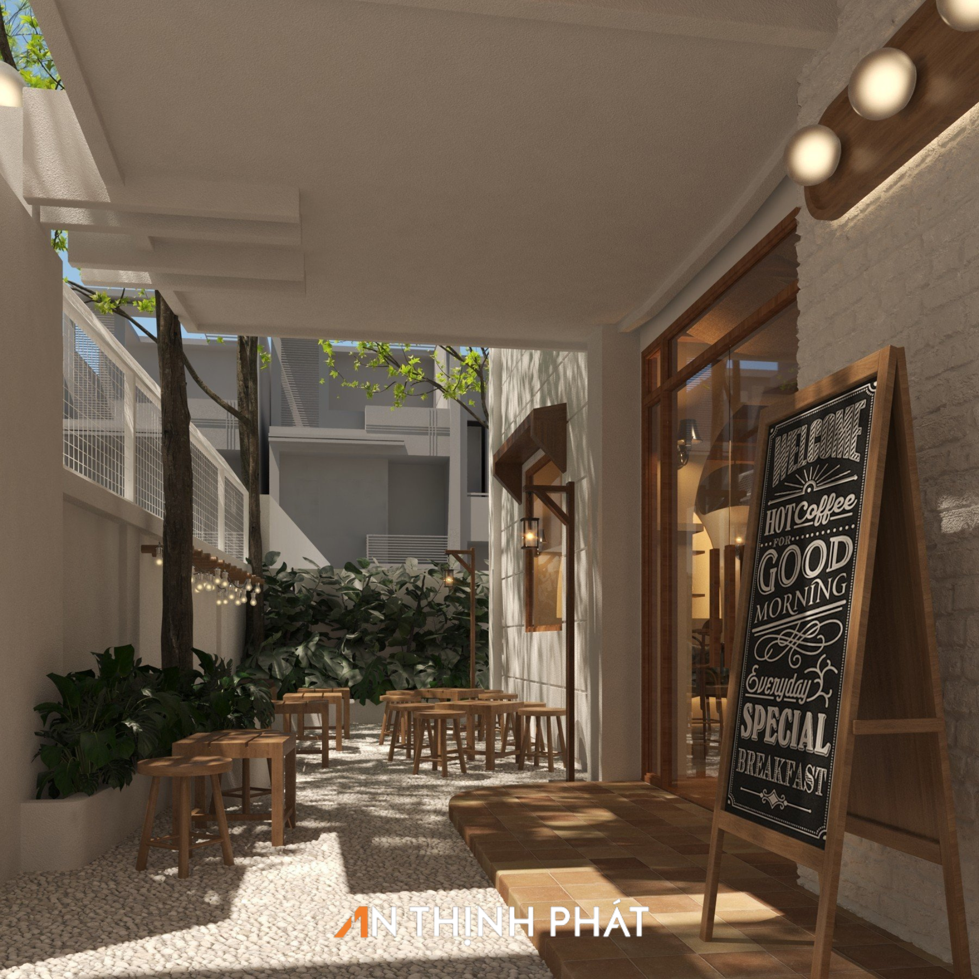 Quán cafe phong cách Địa Trung Hải với ánh sáng vàng ấm áp