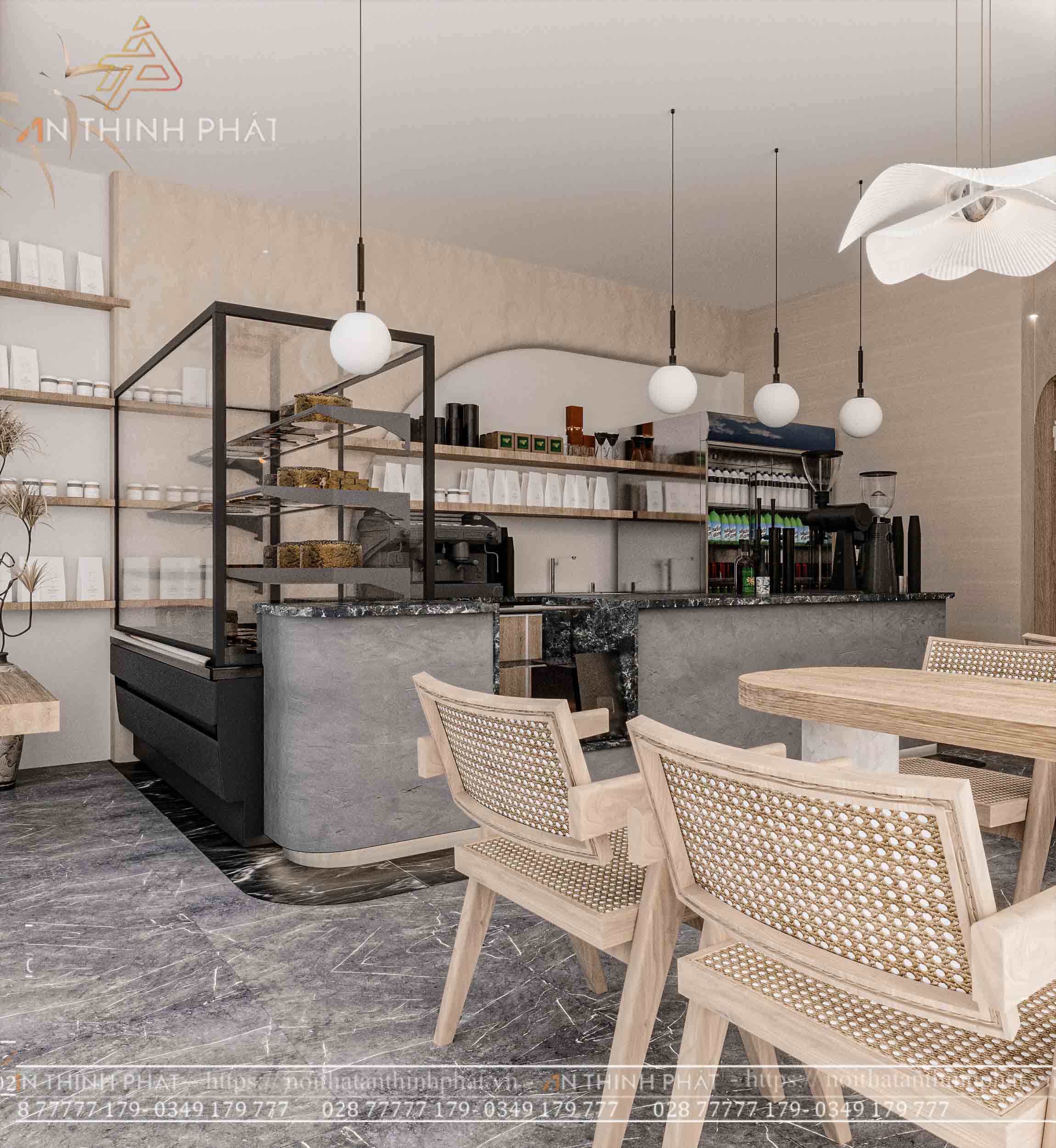 Thiết kế quán cafe phong cách Địa Trung Hải với giàn hoa giấy