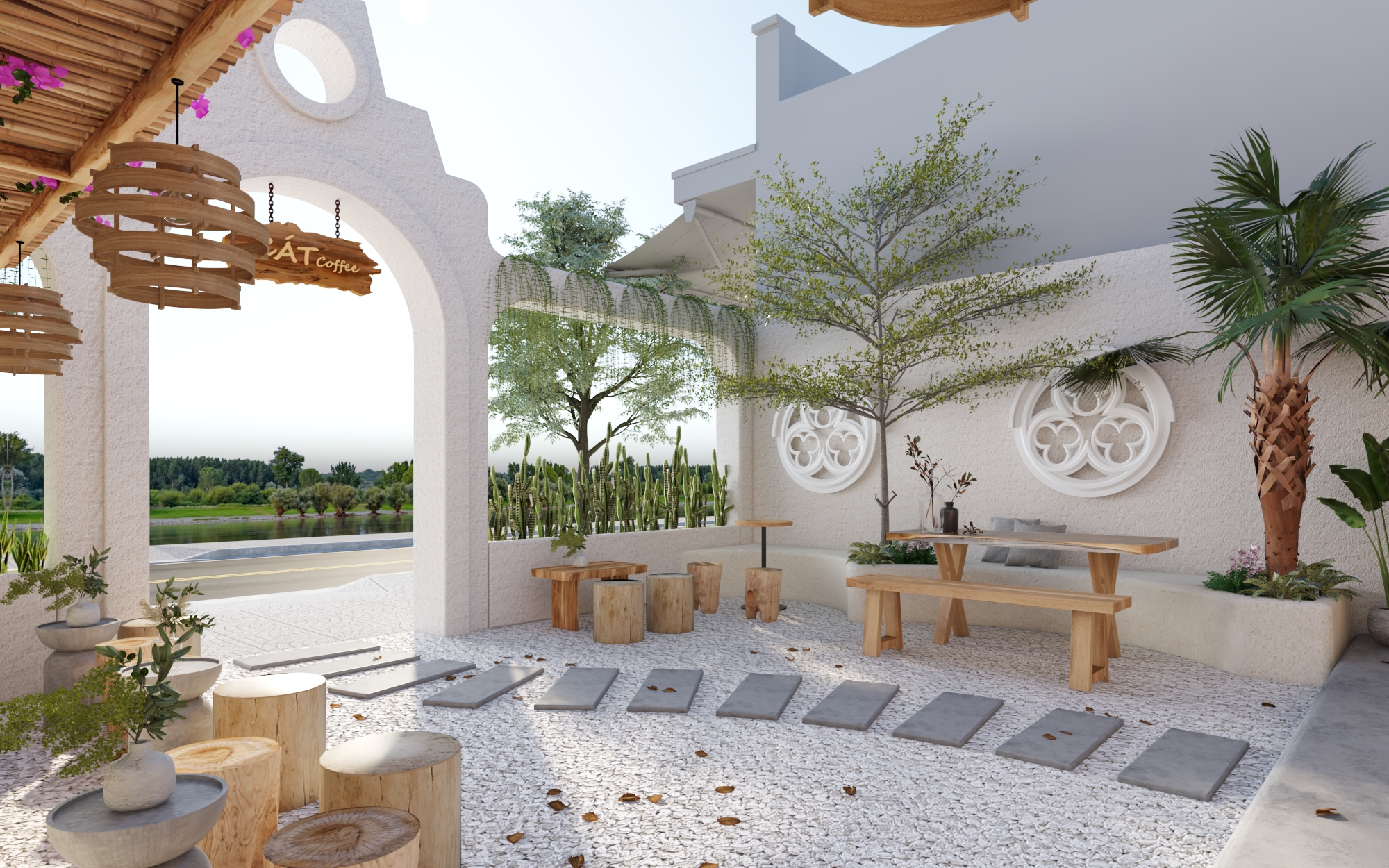 Mẫu quán cafe phong cách Địa Trung Hải ngoài trời lãng mạn
