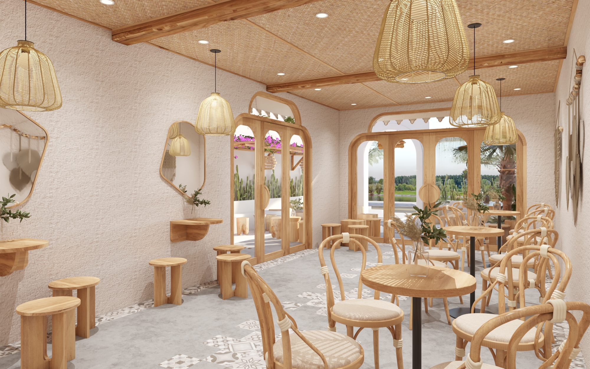 Không gian mở trong thiết kế quán cafe Địa Trung Hải