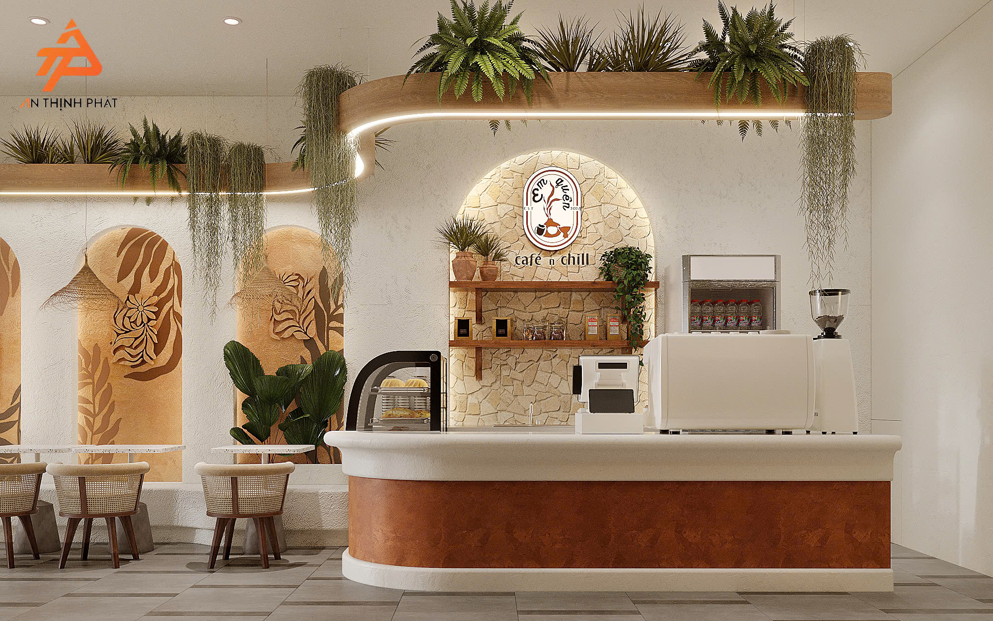Trang trí quán cafe Địa Trung Hải với gương tròn và bình gốm