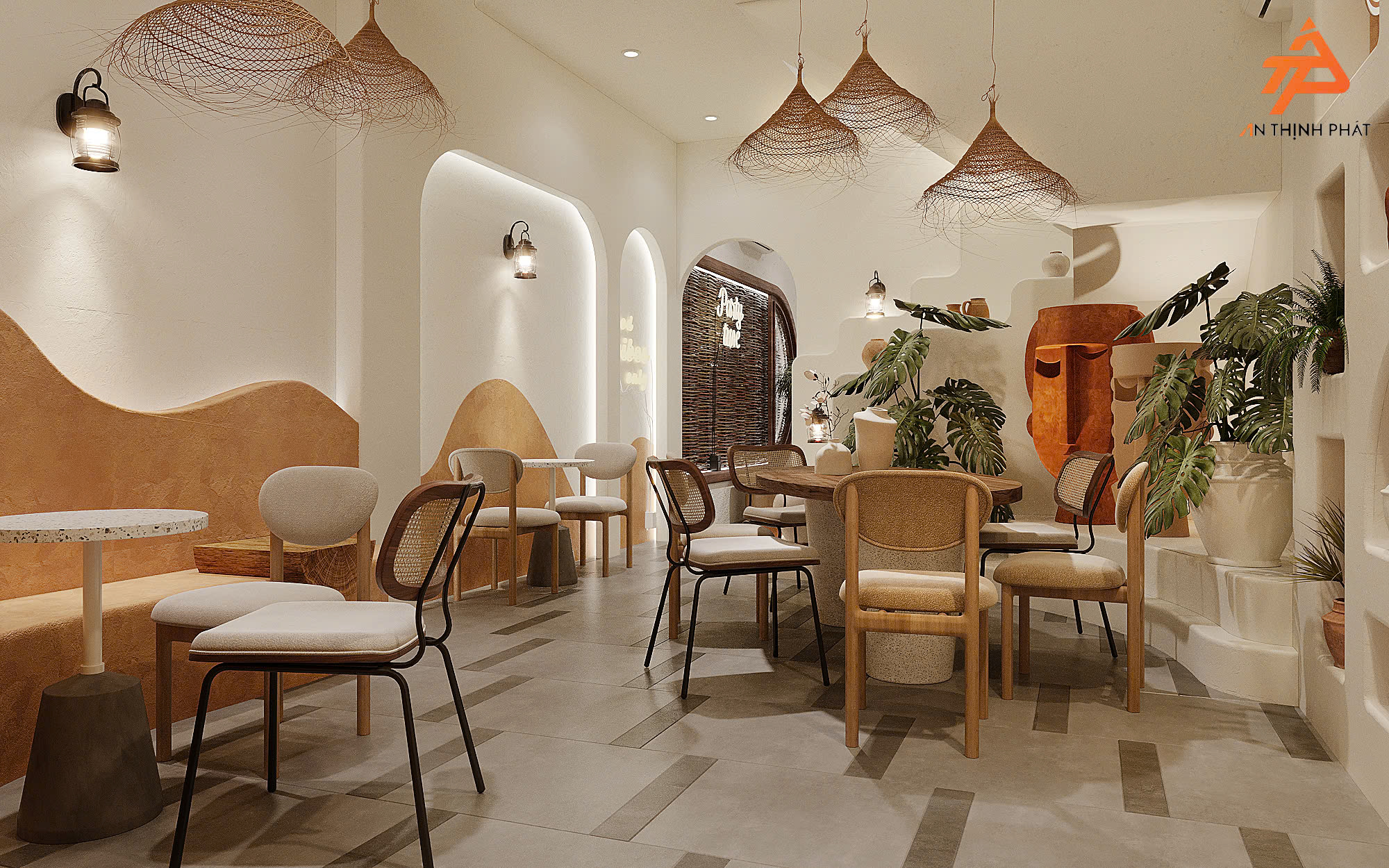 Không gian quán cafe phong cách Địa Trung Hải tràn ngập ánh sáng tự nhiên
