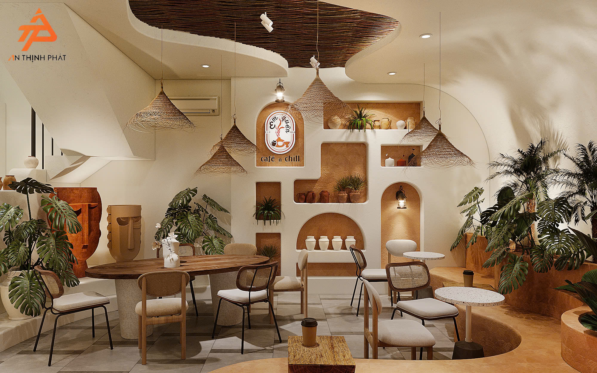 Nội thất gỗ mộc trong thiết kế quán cafe phong cách Địa Trung Hải