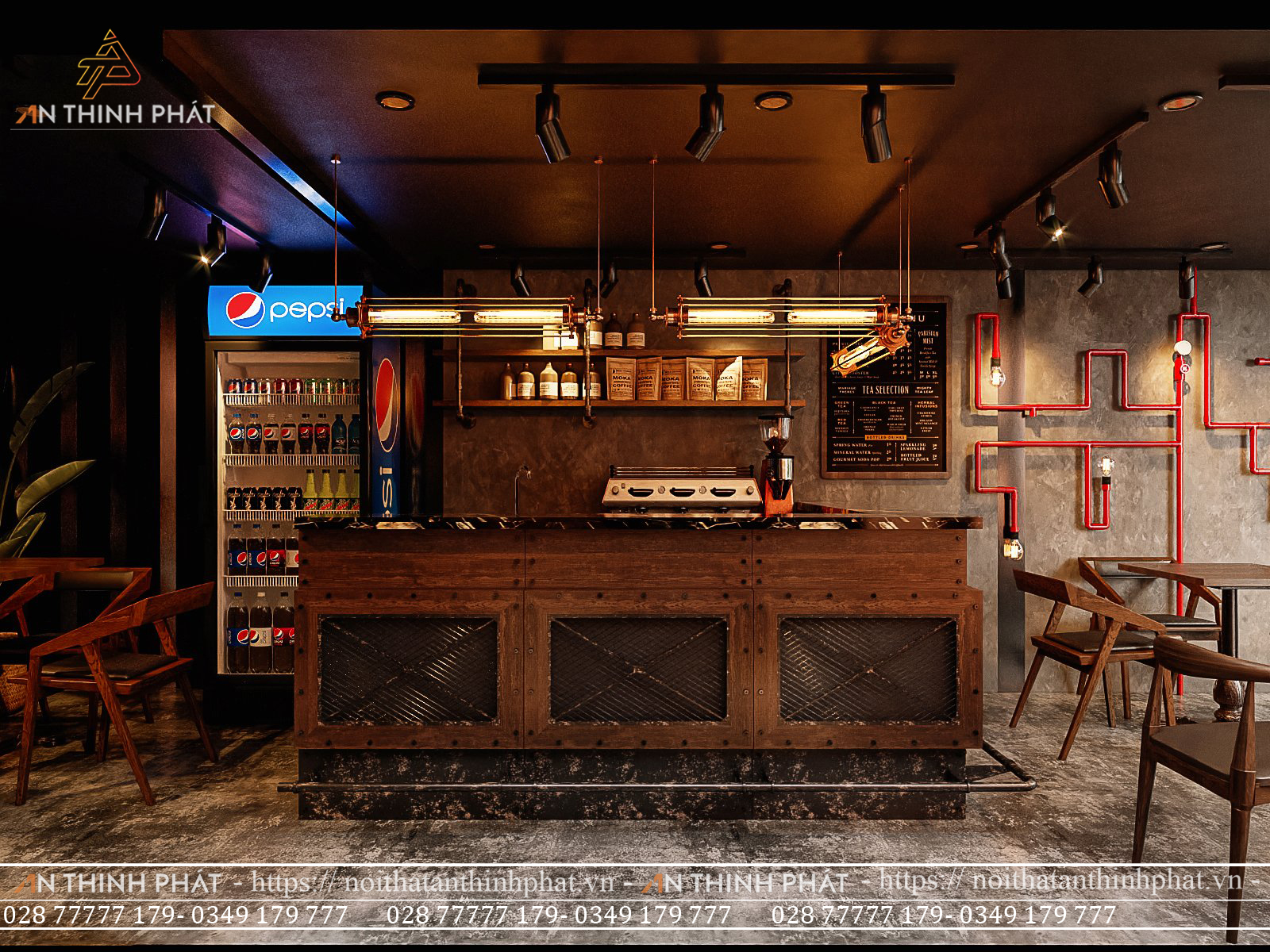Thiết kế quán cafe phong cách công nghiệp với tone màu đỏ đen nâu