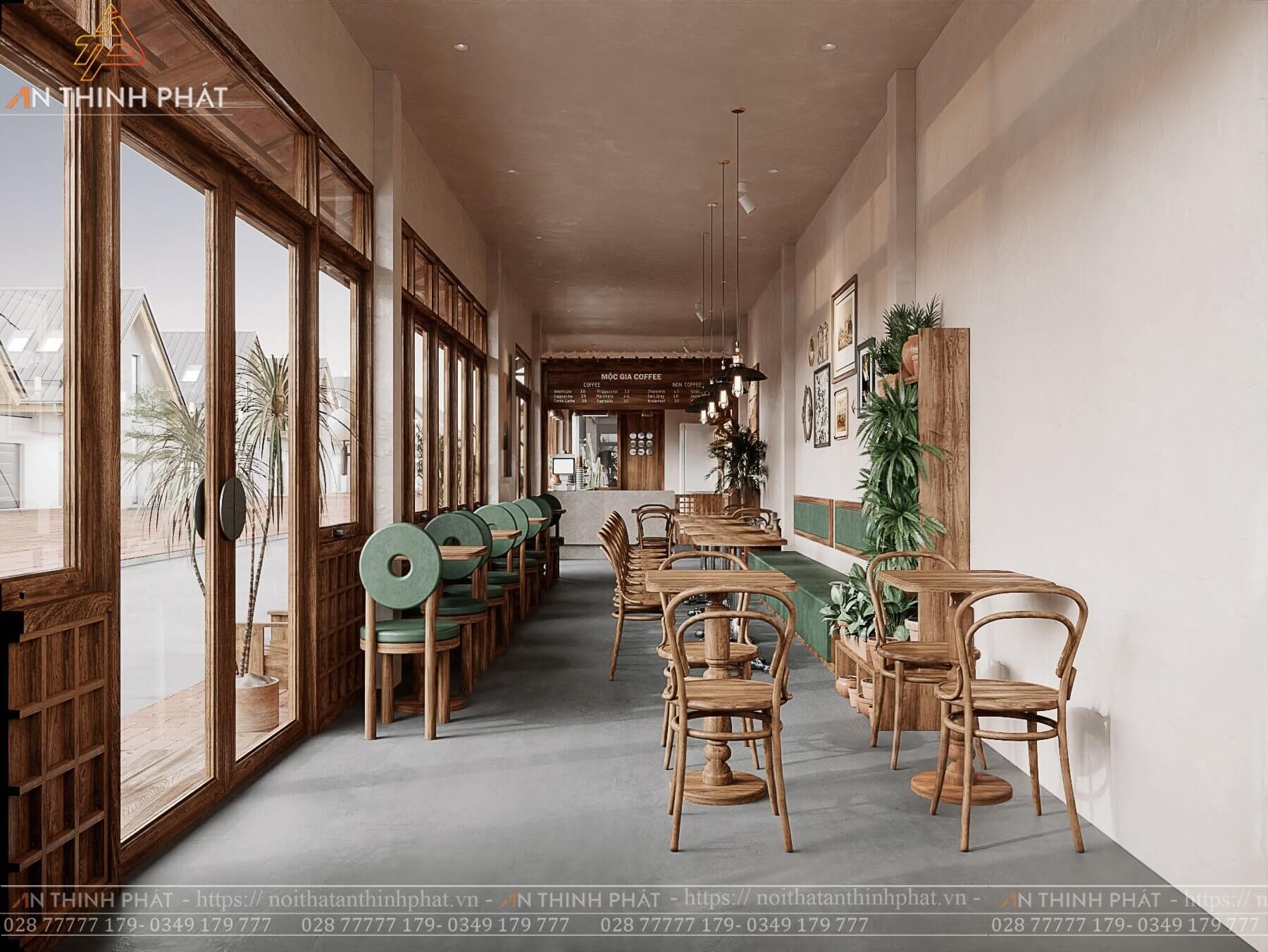 Mẫu thiết kế quán cafe Indochine cổ xưa với gạch bông, gỗ sậm, và nội thất mây tre đan cao cấp.