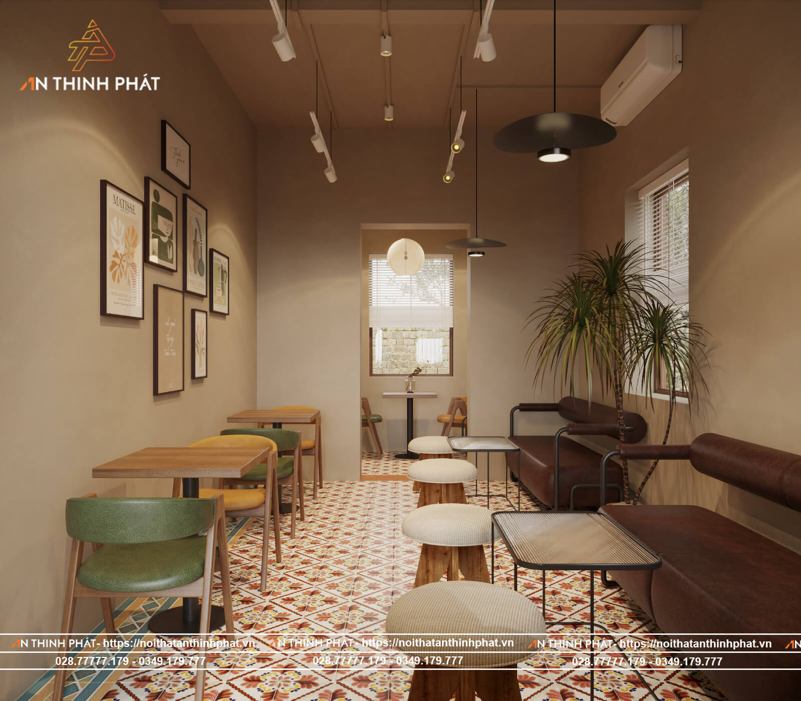 Mẫu thiết kế quán cafe Retro thập niên 70 với màu sắc táo bạo, ghế sofa bo tròn và họa tiết Pop Art.