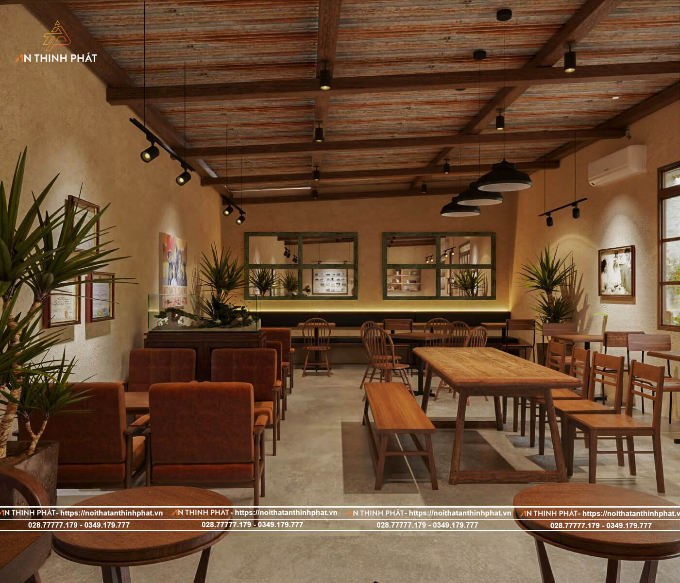 Thiết kế quán cafe Rustic Vintage sử dụng gỗ mộc tái chế và vật liệu thô mộc.