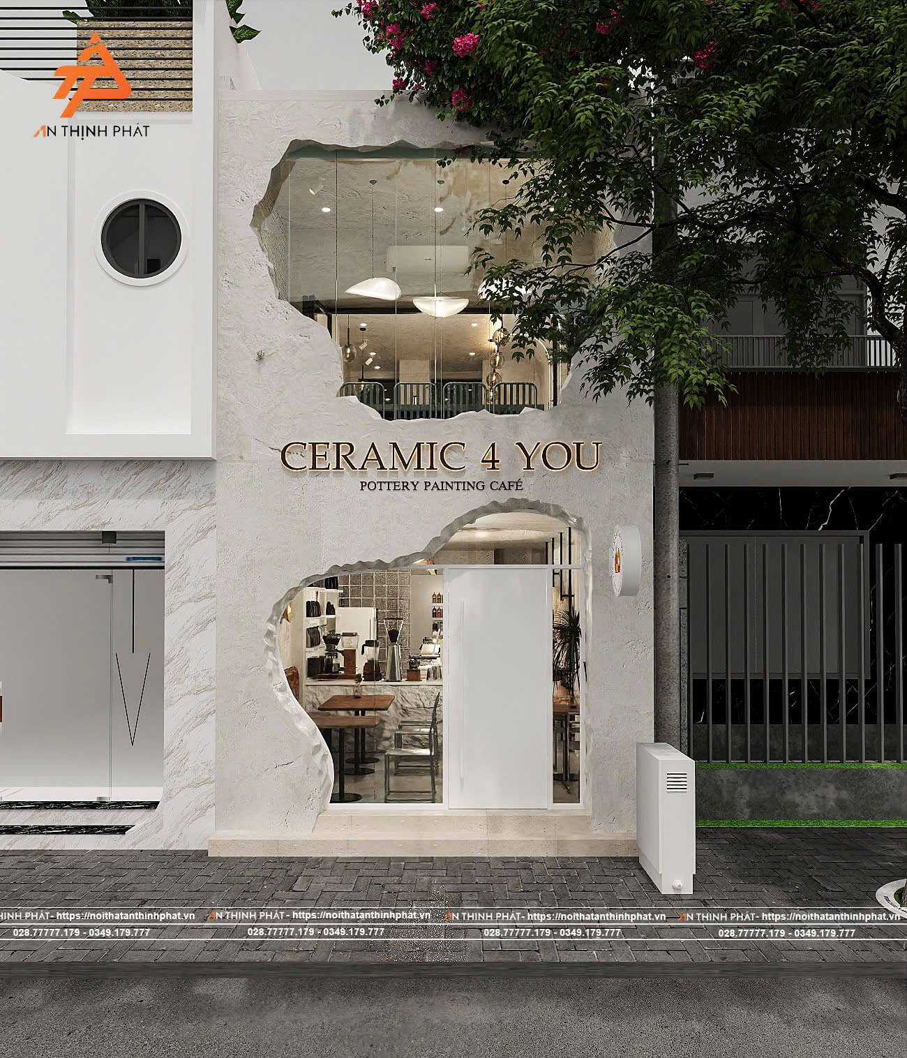thiet ke quan cafe 100m2 be tong geometric mat tien 6m
