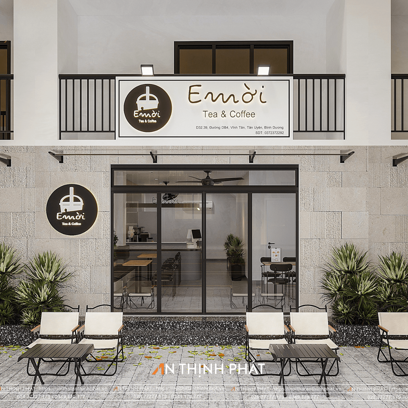 thiet ke quan cafe mat tien 6m kinh cuong luc full glass