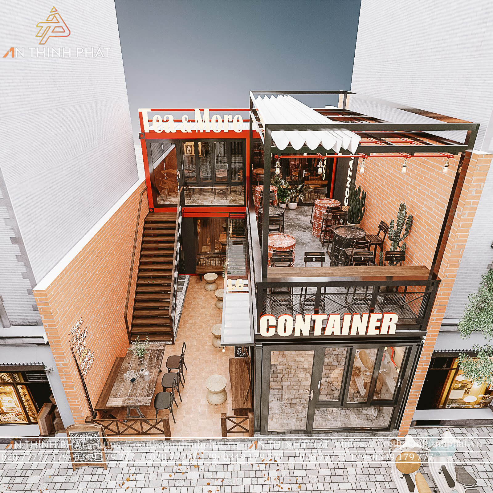 thiet ke quan cafe mat tien 6m phong cach industrial gach tho