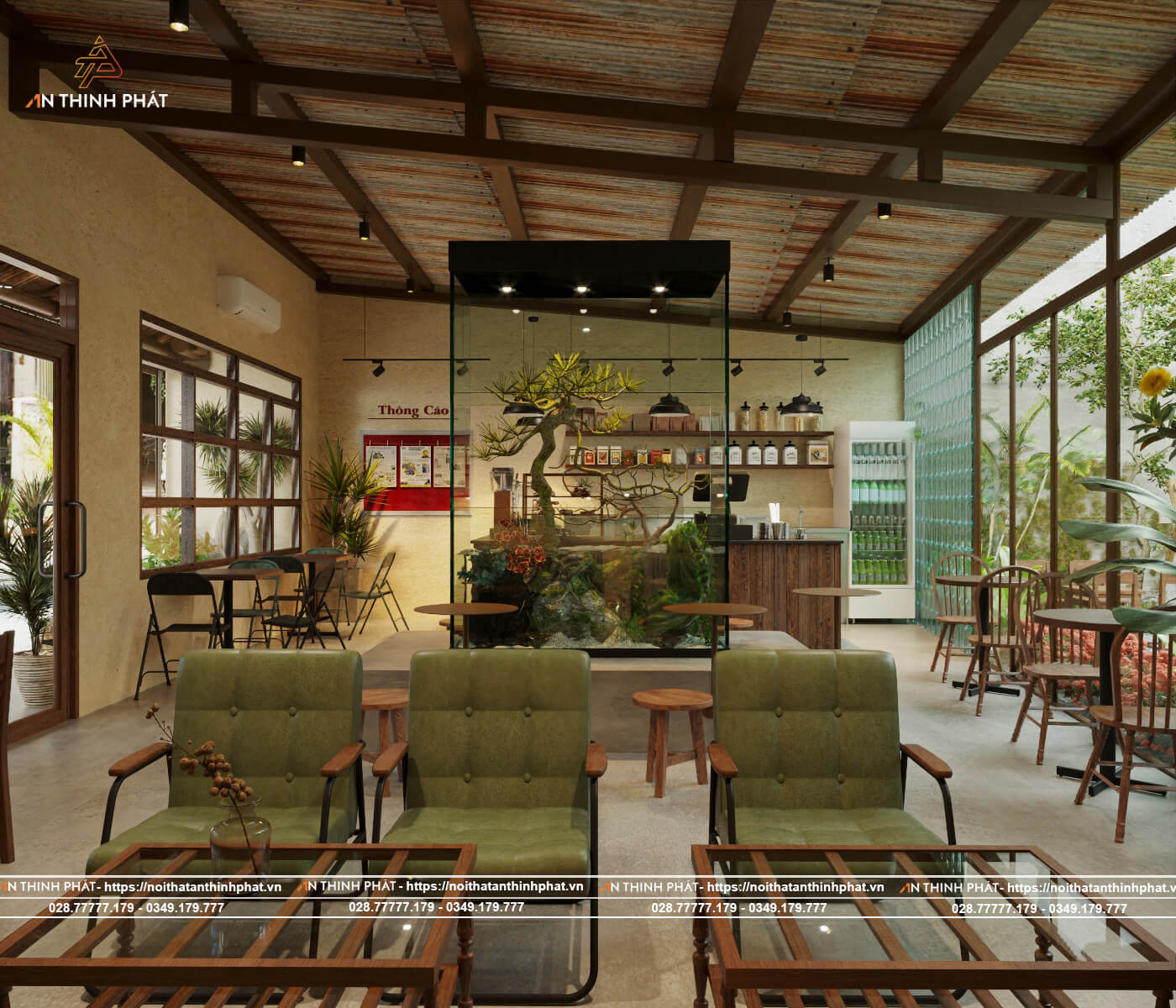 Thiết kế quán cafe vintage Mid-Century Modern thập niên 60 với đường nét sạch sẽ và chân ghế thon nhọn.